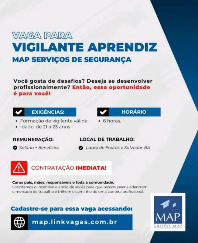 1 Vaga de emprego para Vigilante Aprendiz na empresa Grupo MAP em 10/09