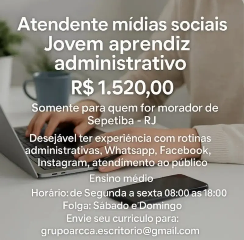 2 Vagas de emprego para Atendente Mídias Sociais, Jovem Aprendiz Administrativo sem experiência na empresa Grupo Arcca em 10/09