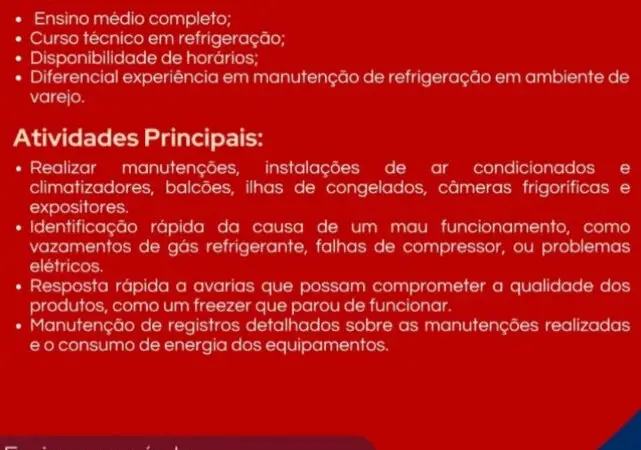1 Vaga de emprego para Técnico De Refrigeração na empresa Cesta do Povo em 10/09