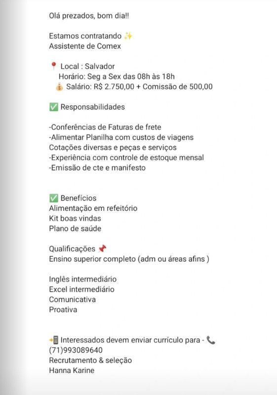1 Vaga de emprego para Assistente De Comex na Cidade Salvador em 18/09