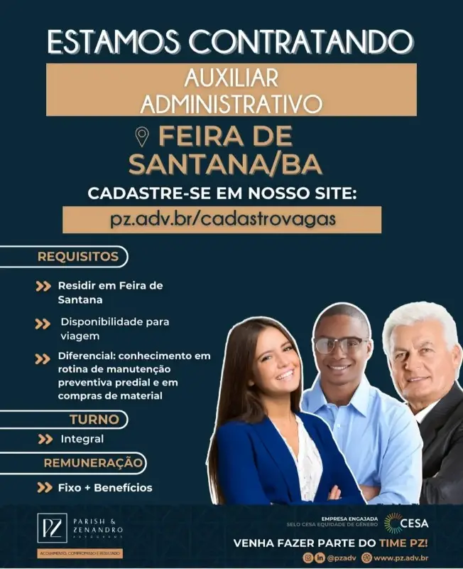 1 Vaga de emprego para Auxiliar Administrativo na empresa PZ Advocacia em 10/09