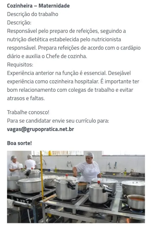 1 Vaga de emprego para Cozinheira na empresa Grupo Pratica em 10/09