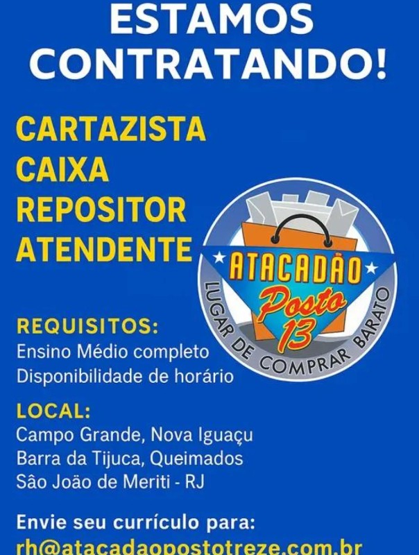 4 Vagas de emprego para Cartazista, Caixa, Repositor, Atendente na empresa Atacadão, Campo Grande, Nova Iguaçu, Barra da Tijuca, Queimados, São João de Meriti - Rj 29 em 19/09