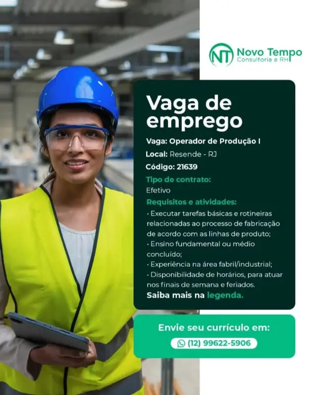1 Vaga de emprego para Operador De Produção I na empresa Novo Tempo Consultoria e RH em 09/09