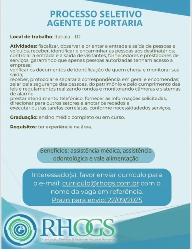 1 Vaga de emprego para Agente De Portaria na empresa Rhocs em 19/09
