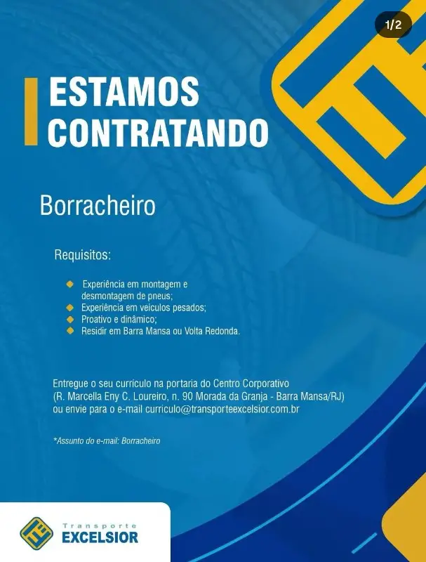 1 Vaga de emprego para Borracheiro na empresa Transporte Excelsior em 09/09