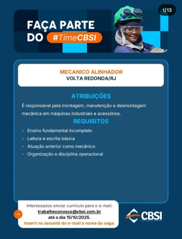 1 Vaga de emprego para Mecânico Alinhador na empresa CBSI em 19/09