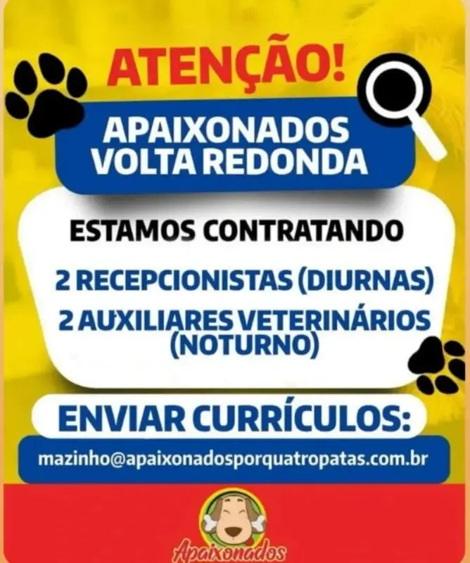 4 Vagas de emprego para Recepcionistas, Auxiliares Veterinários na empresa Apaixonados por Quatro Patas em 11/09
