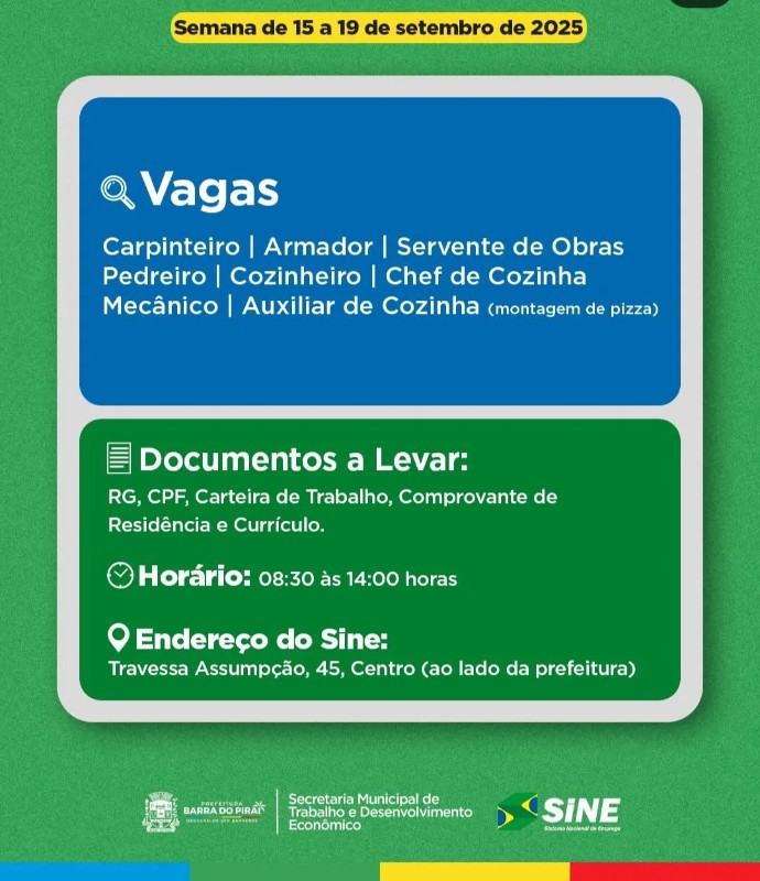 8 Vagas de emprego para Carpinteiro, Armador, Servente De Obras, Pedreiro, Cozinheiro, Chef De Cozinha, Mecânico, Auxiliar De Cozinha na empresa Sine em 18/09
