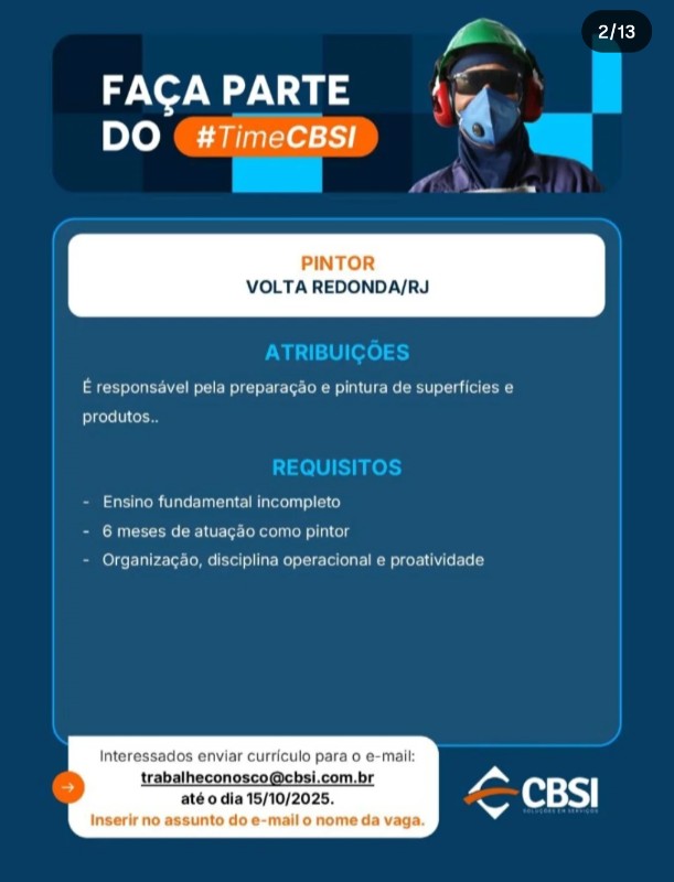 1 Vaga de emprego para Pintor na empresa CBSI em 19/09