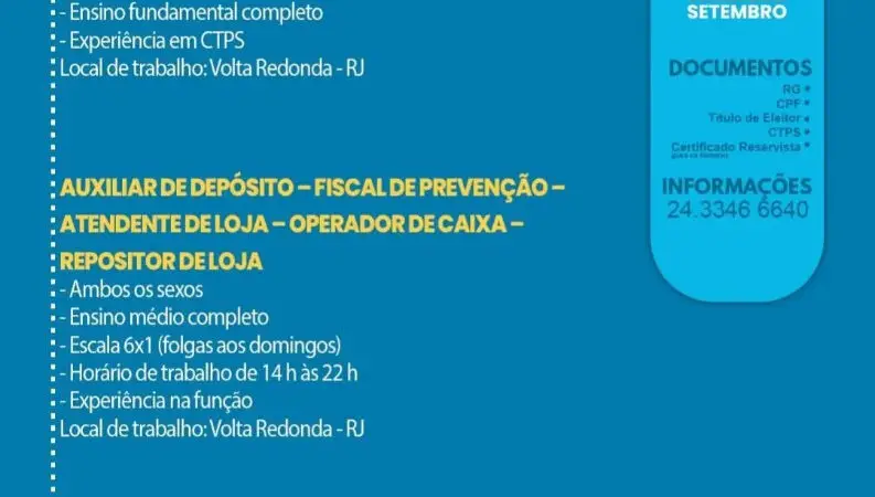 5 Vagas de emprego para Chaveiro, Servente De Obras, Auxiliar De Depósito, Fiscal De Prevenção, Atendente De Loja, Operador De Caixa, Repositor De Loja na empresa SINE em 09/09