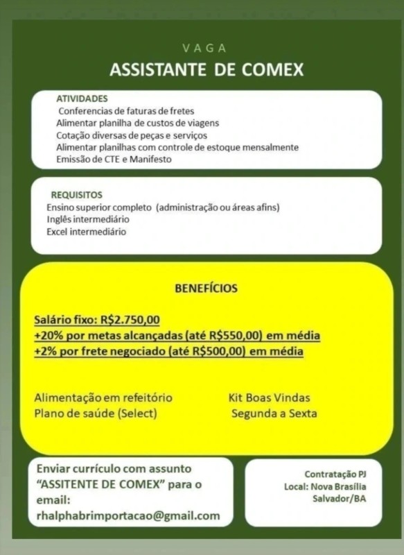1 Vaga de emprego para Assistente Comex na empresa Alpha Importação em 18/09