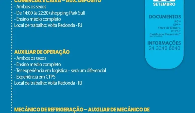 7 Vagas de emprego para Zeladoria, Vendedor Eletro, Operador Comercial E Caixa, Auxiliar De Depósito, Auxiliar De Operação, Mecânico De Refrigeração, Auxiliar De Mecânico De Refrigeração na empresa SINE em 09/09