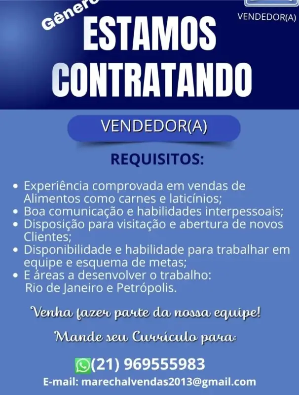 1 Vaga de emprego para Vendedor A na empresa Marechal Vendas em 10/09