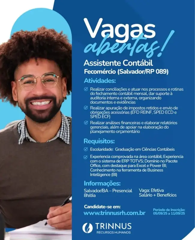 1 Vaga de emprego para Assistente Contábil na empresa Trinnus RH em 10/09