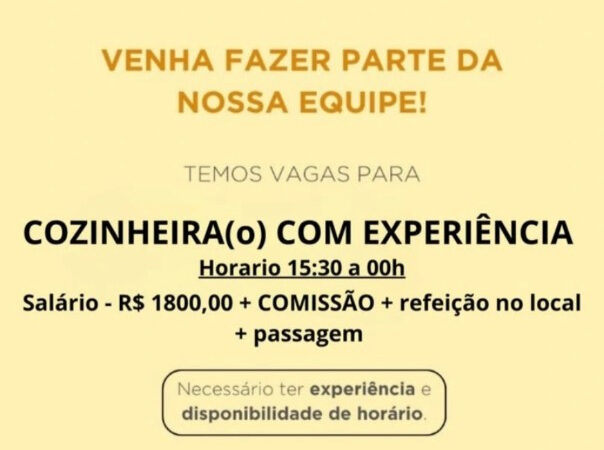 1 Vaga de emprego para Cozinheira, Cozinheiro na empresa Pasta a Mano em 11/09