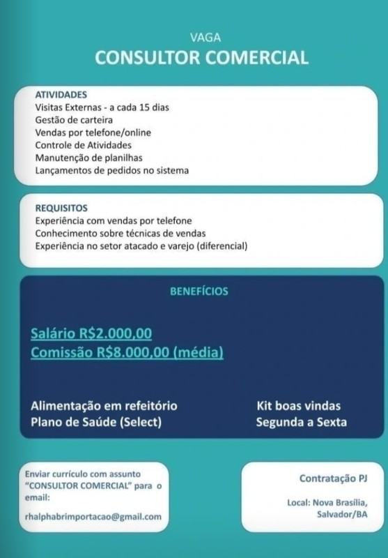 1 Vaga de emprego para Consultor Comercial na empresa Alpha Importação em 18/09