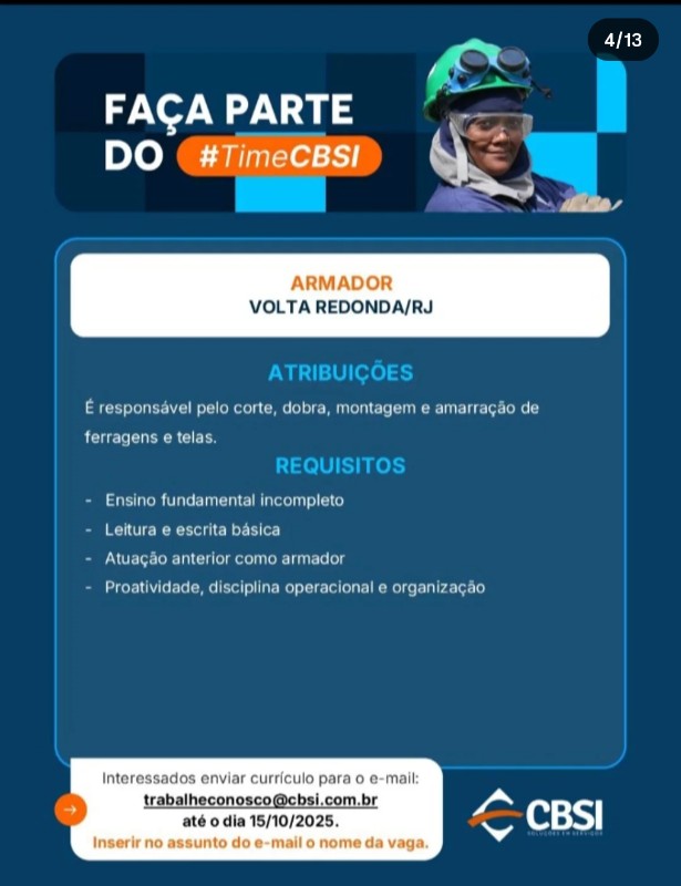 1 Vaga de emprego para Armador na empresa CBSI em 19/09