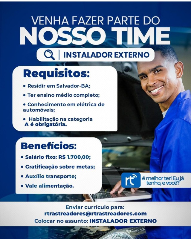 1 Vaga de emprego para Instalador Externo na empresa RT Rastreadores em 19/09