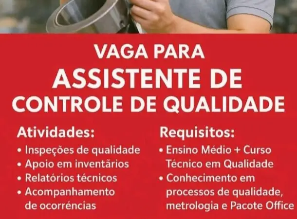 1 Vaga de emprego para Assistente De Controle De Qualidade sem experiência na empresa Industrial SF em 11/09