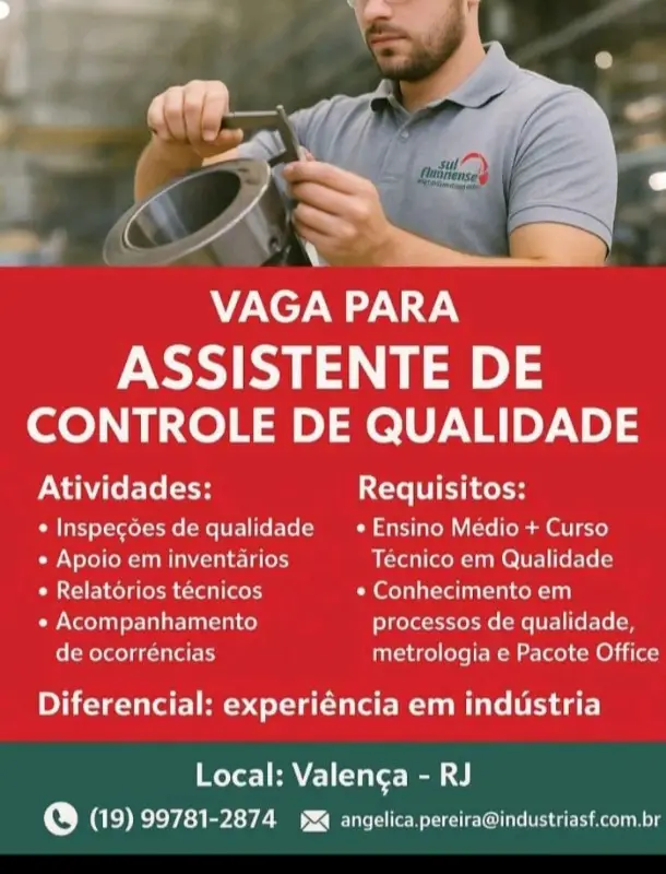 1 Vaga de emprego para Assistente De Controle De Qualidade sem experiência na empresa Industrial SF em 11/09