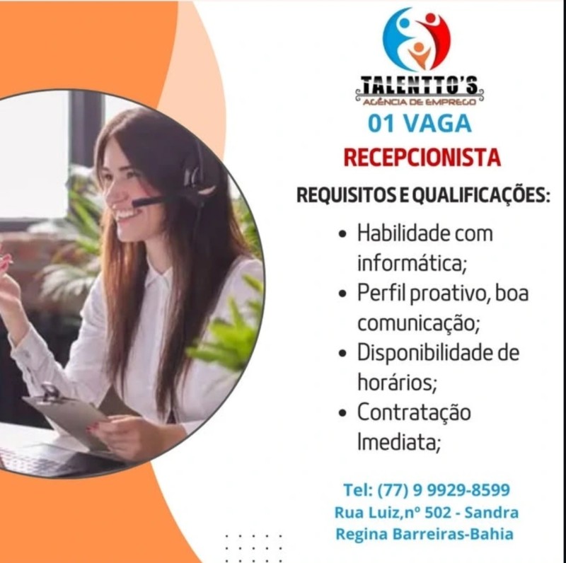 1 Vaga de emprego para Recepcionista na empresa Talenttos'S em 18/09
