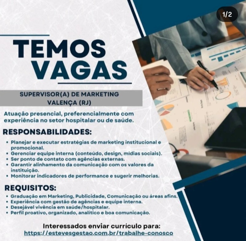 1 Vaga de emprego para Supervisor Ou Supervisora De Marketing na empresa Esteves Gestão em 18/09