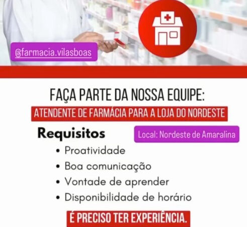 1 Vaga de emprego para Atendente De Farmácia na empresa Farmacia Vilas Boas em 10/09