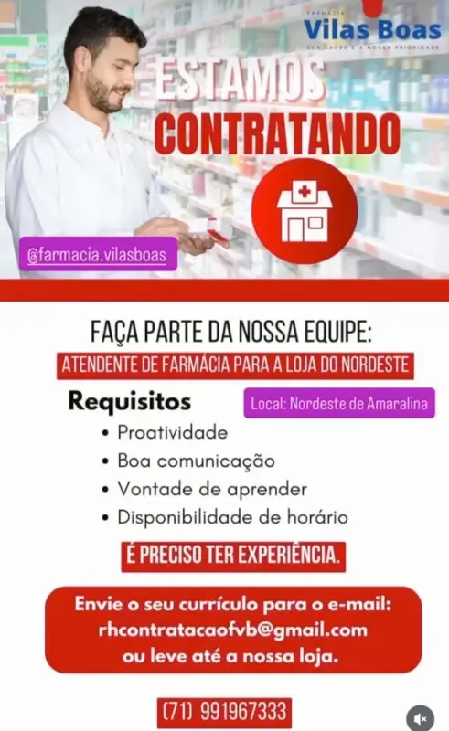 1 Vaga de emprego para Atendente De Farmácia na empresa Farmacia Vilas Boas em 10/09
