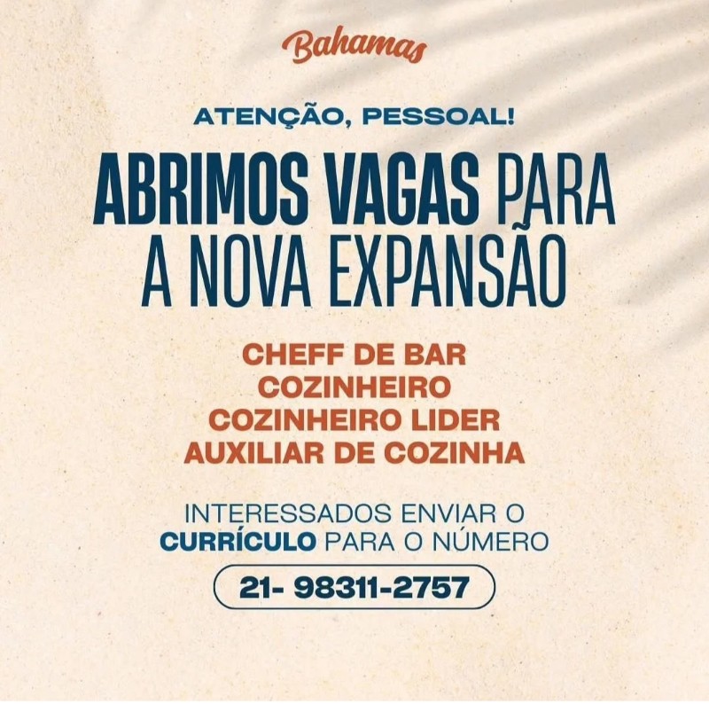 4 Vagas de emprego para Chef De Bar, Cozinheiro, Cozinheiro Líder E Auxiliar De Cozinha na empresa Bahamas em 18/09