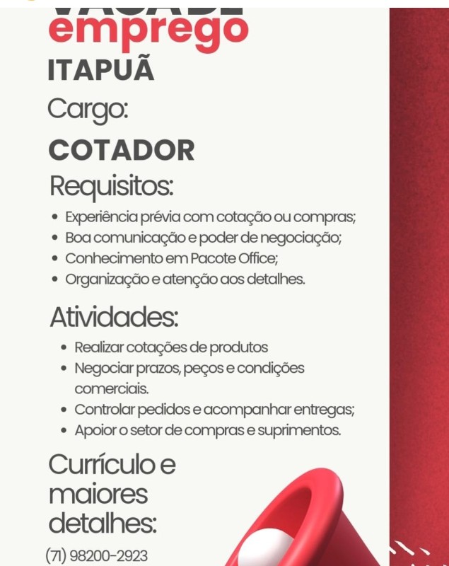 1 Vaga de emprego para Cotador na Cidade Itapuã em 19/09