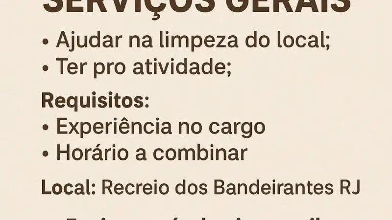 1 Vaga de emprego para Auxiliar De Serviços Gerais na empresa Peca rarbrecho em 09/09