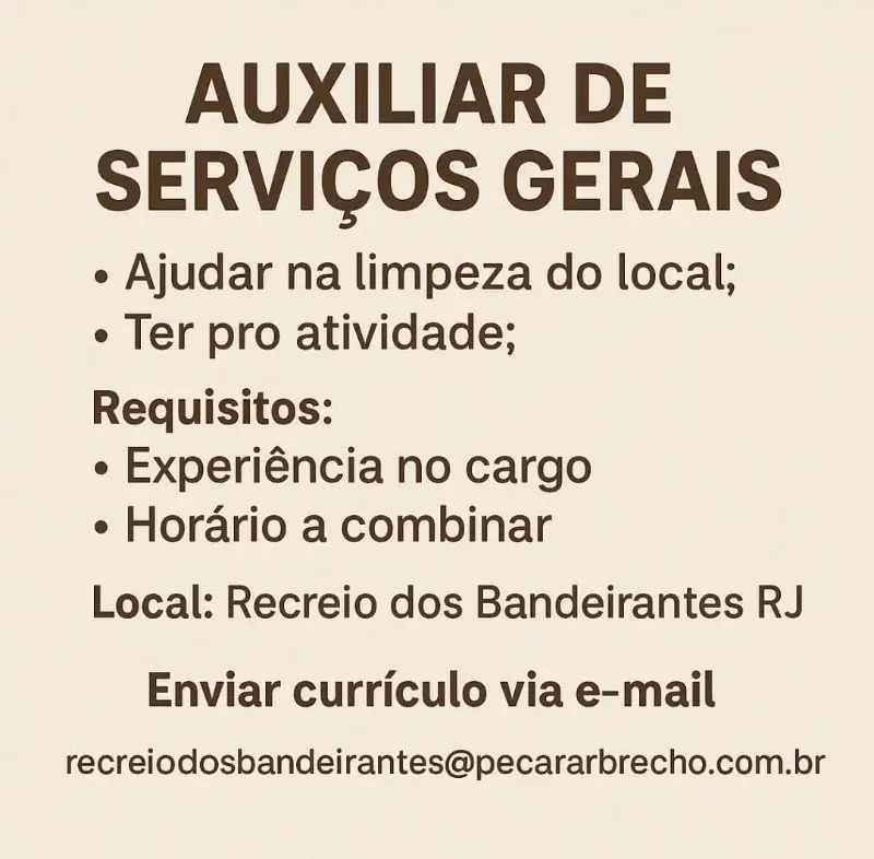 1 Vaga de emprego para Auxiliar De Serviços Gerais na empresa Peca rarbrecho em 09/09