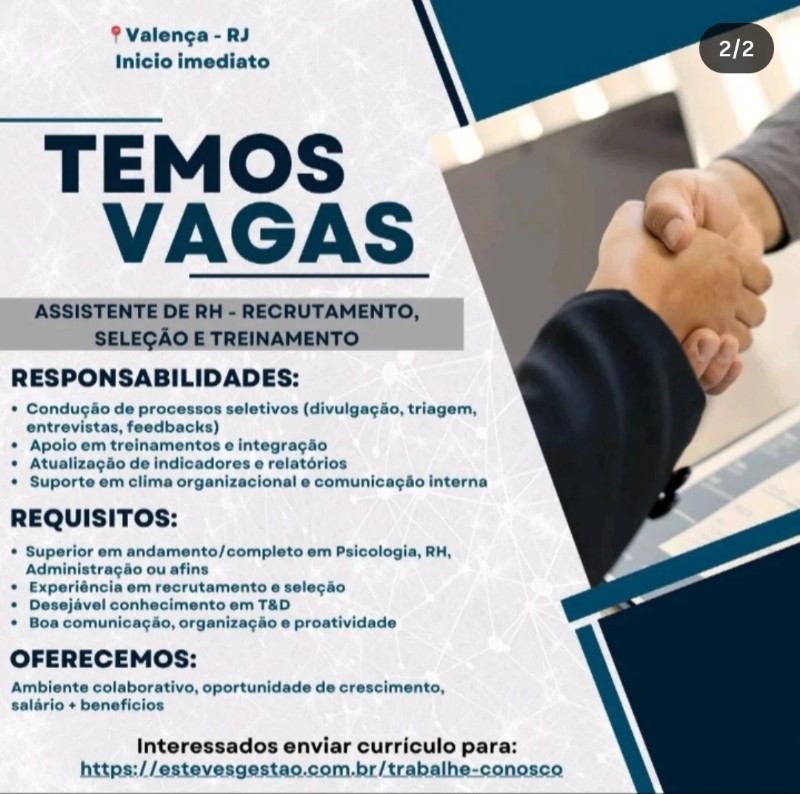 1 Vaga de emprego para Assistente De Rh Recrutamento, Seleção E Treinamento na empresa Esteves Gestão em 18/09