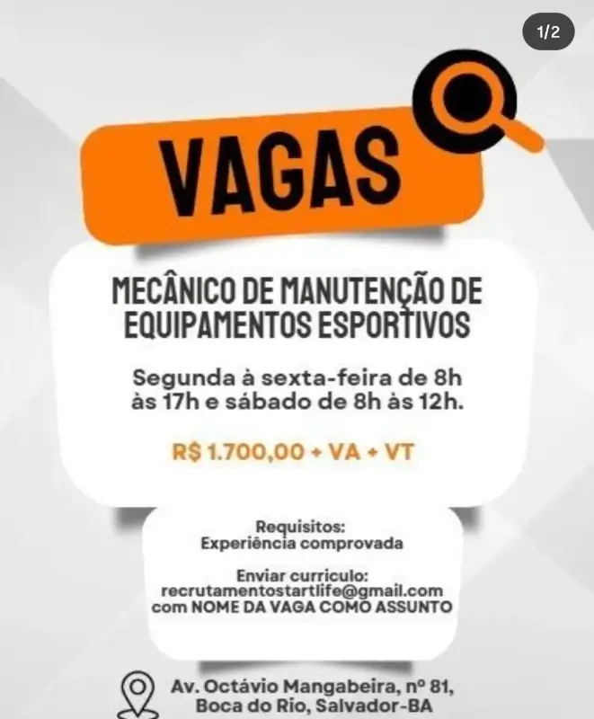 1 Vaga de emprego para Mecânico De Manutenção De Equipamentos Esportivos no Bairro Boca do Rio, Salvador em 11/09