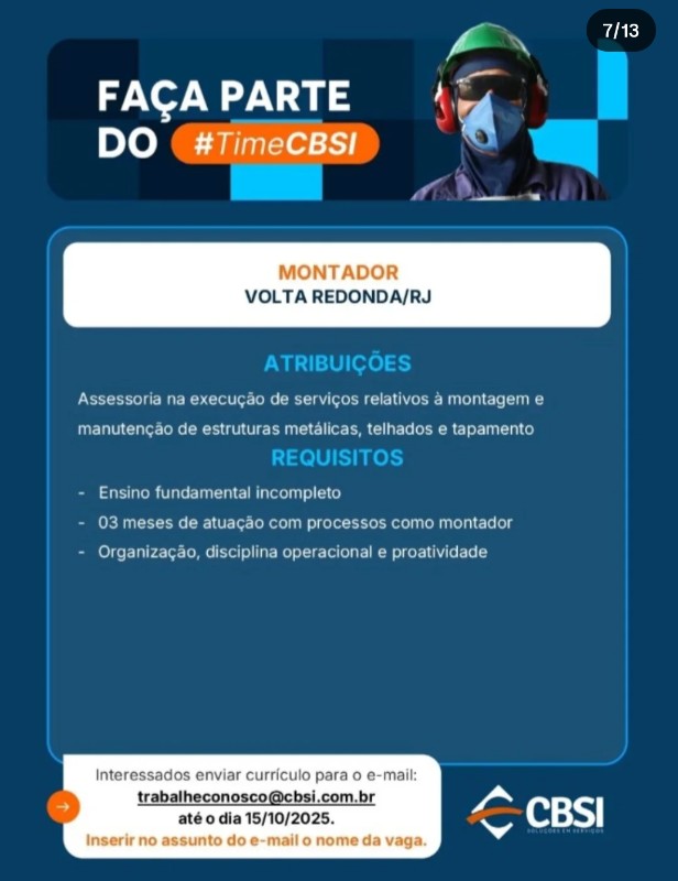 1 Vaga de emprego para Montador na empresa CBSI em 19/09