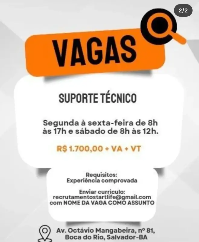 1 Vaga de emprego para Suporte Técnico no Bairro Boca do Rio, Salvador em 11/09
