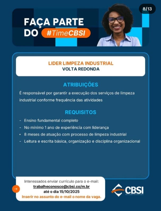 1 Vaga de emprego para Lider De Limpeza Industrial na empresa CBSI em 19/09