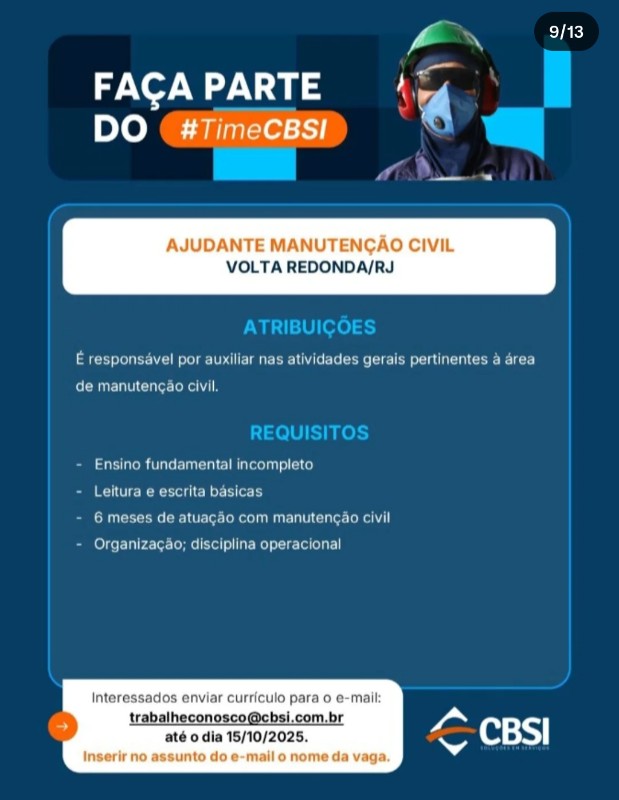 1 Vaga de emprego para Ajudante Manutenção Civil na empresa CBSI em 19/09