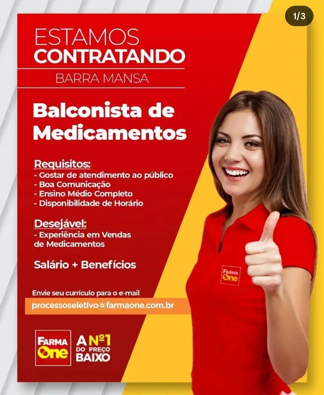 1 Vaga de emprego para Balconisa De Medicamentos sem experiência na empresa Farma One em 09/09