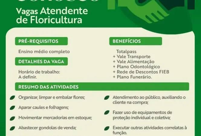 1 Vaga de emprego para Atendente De Floricultura na empresa Grupo Bosque da Paz em 11/09
