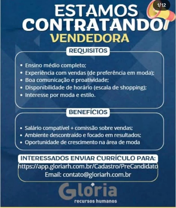 1 Vaga de emprego para Vendedora na empresa Glória Recursos Humanos em 18/09