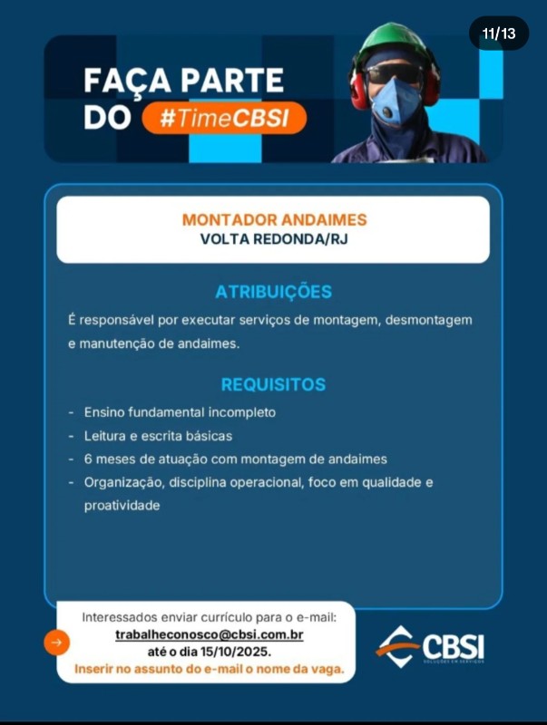 1 Vaga de emprego para Montador Andaimes na empresa CBSI em 19/09