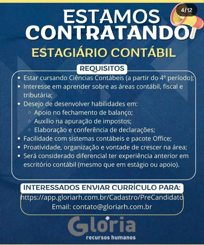 1 Vaga de emprego para Estagiário Contábilou Vendedora na empresa Glória Recursos Humanos em 18/09