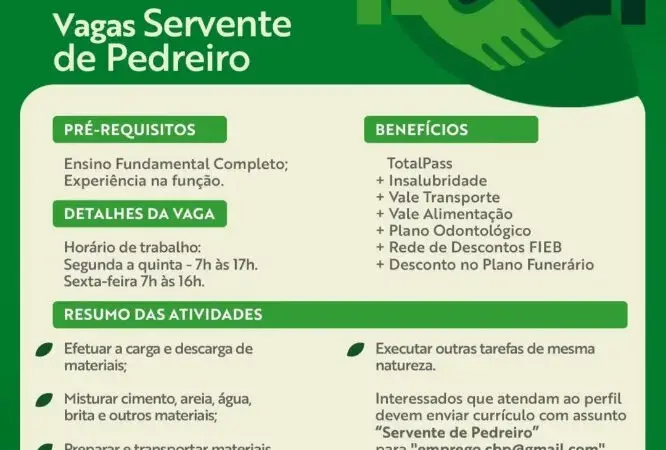 1 Vaga de emprego para Servente De Pedreiro na empresa Grupo Bosque da Paz em 11/09