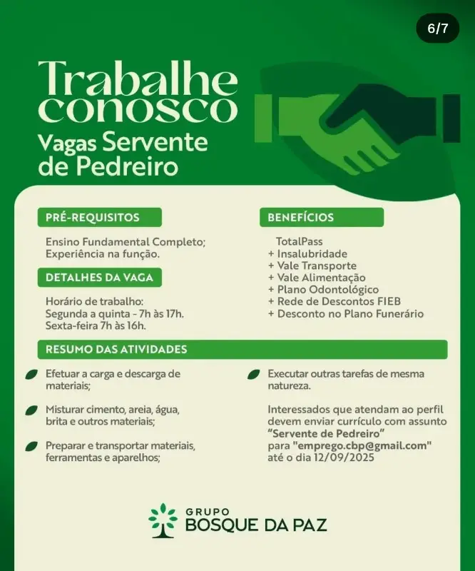 1 Vaga de emprego para Servente De Pedreiro na empresa Grupo Bosque da Paz em 11/09