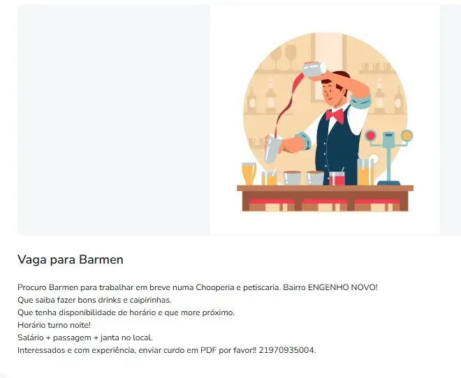 1 Vaga de emprego para Barmen na empresa Chooperia em 11/09