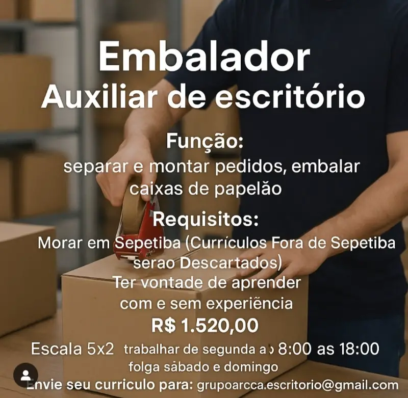 2 Vagas de emprego para Embalador, Auxiliar De Escritório sem experiência na empresa Grupo Arcca em 09/09