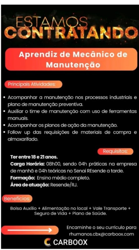 1 Vaga de emprego para Aprendiz De Mecânico De Manutenção na empresa Carboox, Resende Rj em 20/09