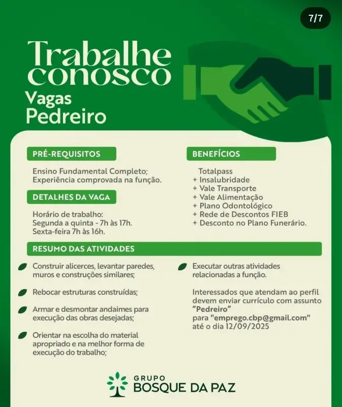 1 Vaga de emprego para Pedreiro na empresa Grupo Bosque da Paz em 11/09